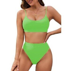 Pink Queen Women's Bikini Green High Waisted Banded Top Two Piece Small NWOT